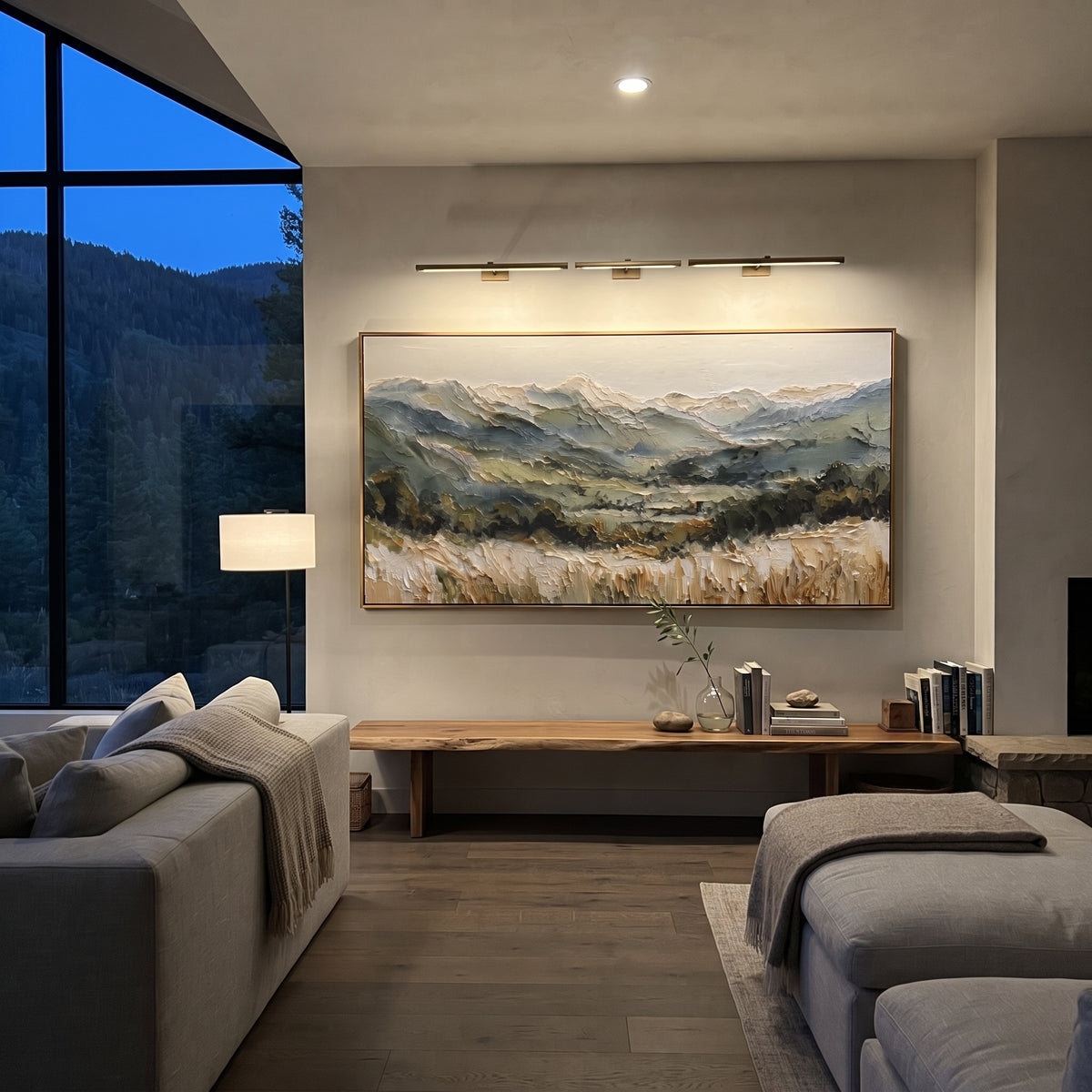 Misty Green Mountain Meadow focuses on this hand-painted textured canvas features misty green mountain meadow with distant ridges, dry grass foreground, and soft sky. The composition is described from the actual main image, so the visible subject, color balance, spacing, and surface movement stay specific to this product instead of reading like a batch title. Raised palette-knife layers, sculpted impasto ridges, softened brush transitions, and tactile handmade texture give the canvas dimensional