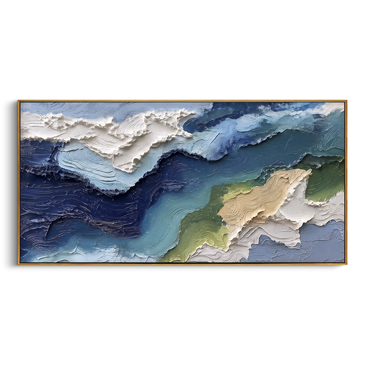 Blue Green Coastal Relief focuses on this hand-painted textured canvas features blue green coastal relief with white foamy edge, navy water, and beige shore forms. The composition is described from the actual main image, so the visible subject, color balance, spacing, and surface movement stay specific to this product instead of reading like a batch title. Raised palette-knife layers, sculpted impasto ridges, softened brush transitions, and tactile handmade texture give the canvas dimensional