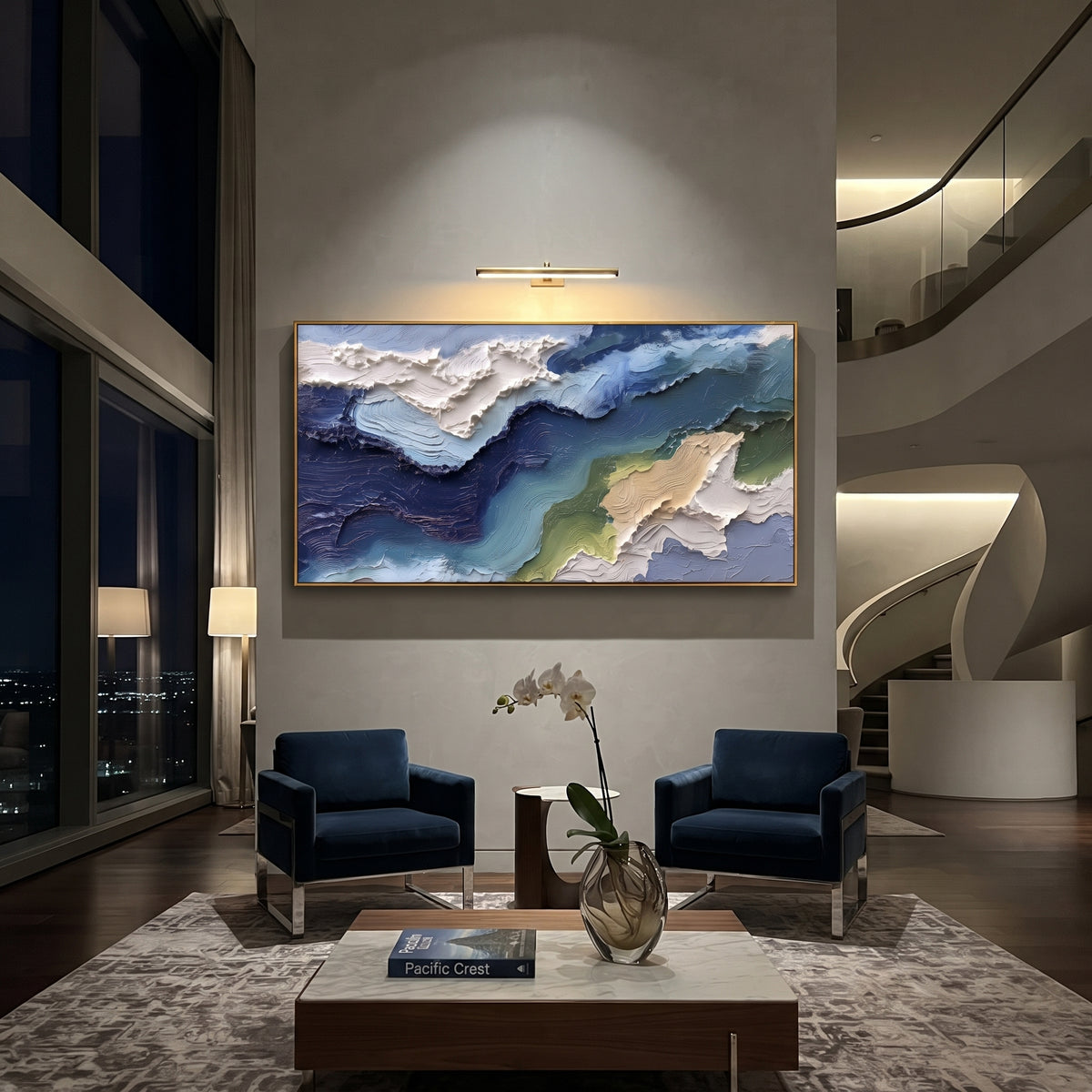 Blue Green Coastal Relief focuses on this hand-painted textured canvas features blue green coastal relief with white foamy edge, navy water, and beige shore forms. The composition is described from the actual main image, so the visible subject, color balance, spacing, and surface movement stay specific to this product instead of reading like a batch title. Raised palette-knife layers, sculpted impasto ridges, softened brush transitions, and tactile handmade texture give the canvas dimensional