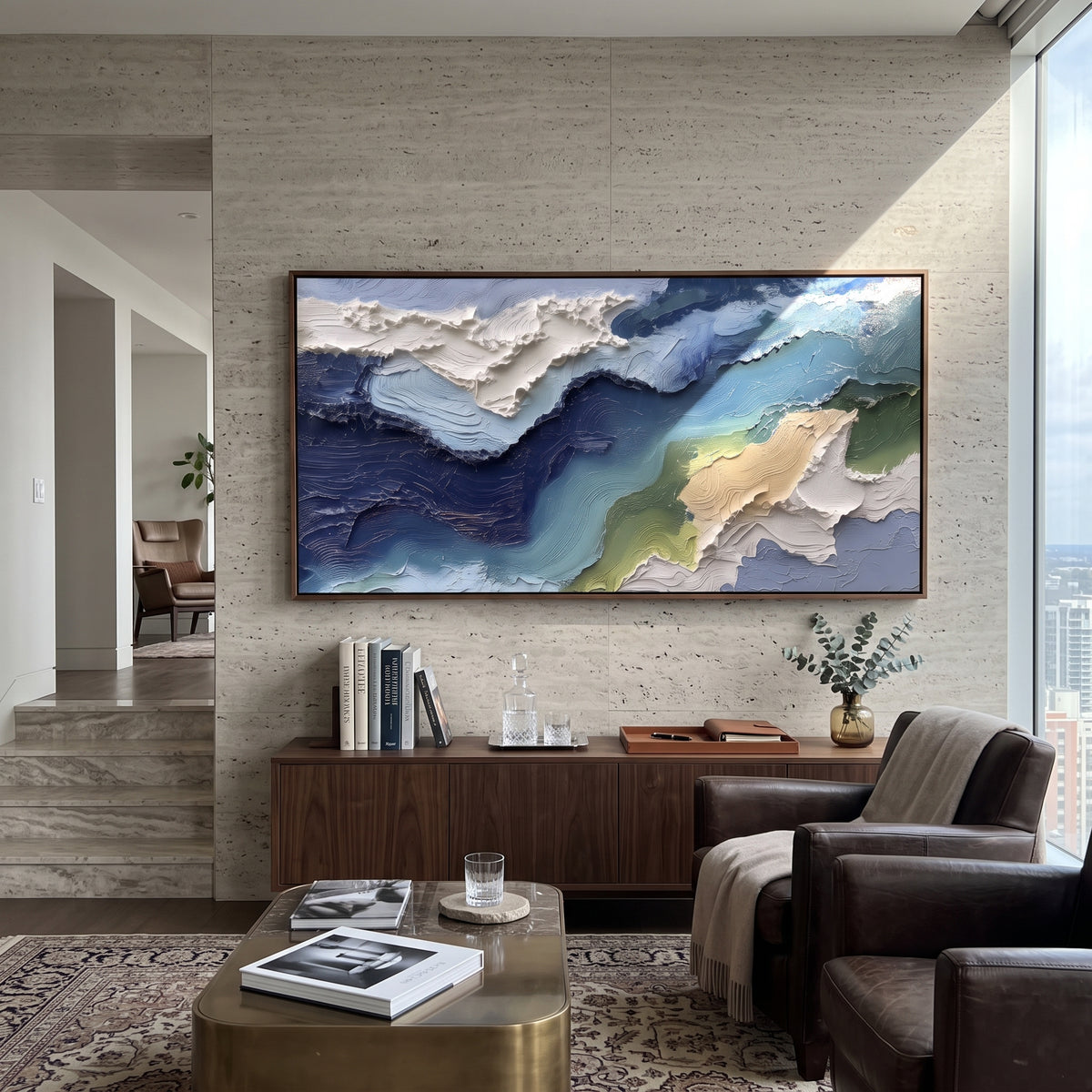 Blue Green Coastal Relief focuses on this hand-painted textured canvas features blue green coastal relief with white foamy edge, navy water, and beige shore forms. The composition is described from the actual main image, so the visible subject, color balance, spacing, and surface movement stay specific to this product instead of reading like a batch title. Raised palette-knife layers, sculpted impasto ridges, softened brush transitions, and tactile handmade texture give the canvas dimensional