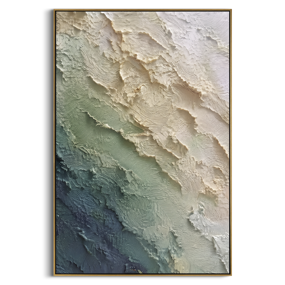 Turquoise Shoreline Relief focuses on this hand-painted textured canvas features vertical turquoise shoreline with diagonal raised foam and sandy textured edge. The composition is described from the actual main image, so the visible subject, color balance, spacing, and surface movement stay specific to this product instead of reading like a batch title. Raised palette-knife layers, sculpted impasto ridges, softened brush transitions, and tactile handmade texture give the canvas dimensional depth