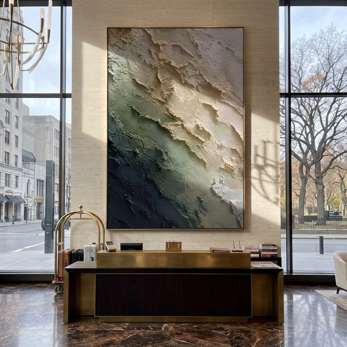 Turquoise Shoreline Relief focuses on this hand-painted textured canvas features vertical turquoise shoreline with diagonal raised foam and sandy textured edge. The composition is described from the actual main image, so the visible subject, color balance, spacing, and surface movement stay specific to this product instead of reading like a batch title. Raised palette-knife layers, sculpted impasto ridges, softened brush transitions, and tactile handmade texture give the canvas dimensional depth
