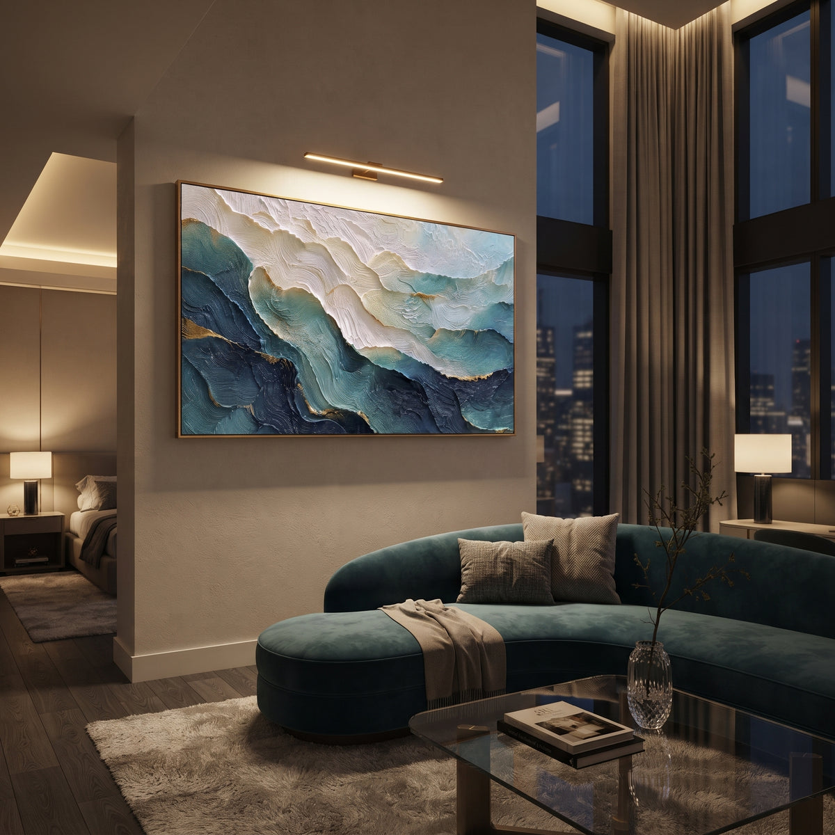 Layered Teal Mountain Waves focuses on this hand-painted textured canvas features layered teal mountain-like waves with white foam ridges and dark blue lower field. The composition is described from the actual main image, so the visible subject, color balance, spacing, and surface movement stay specific to this product instead of reading like a batch title. Raised palette-knife layers, sculpted impasto ridges, softened brush transitions, and tactile handmade texture give the canvas dimensional
