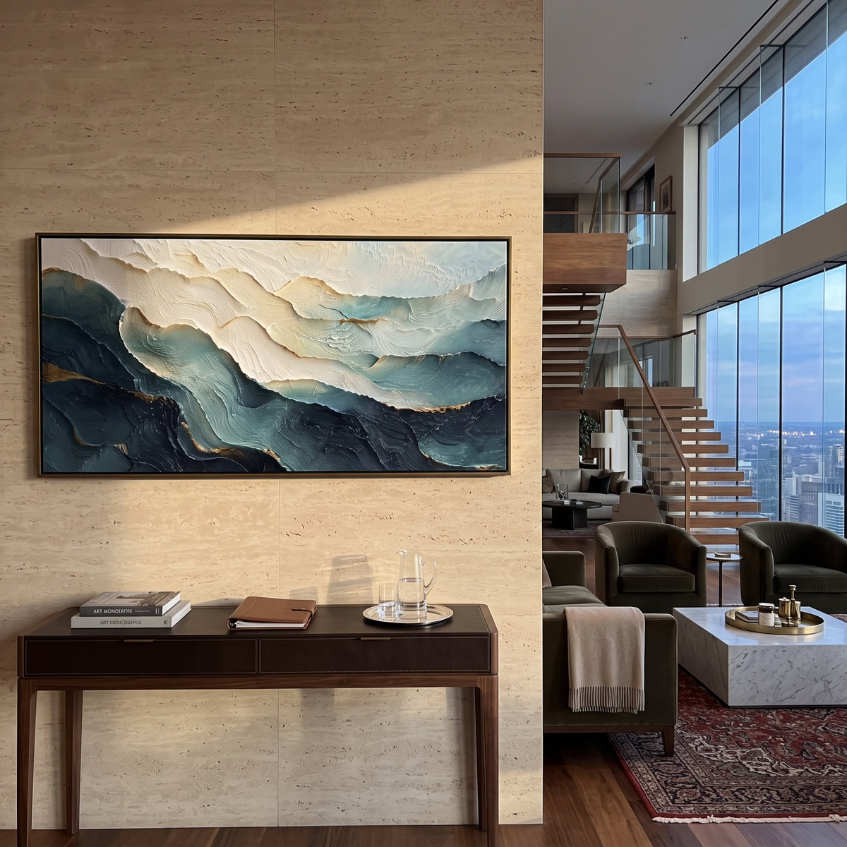 Layered Teal Mountain Waves focuses on this hand-painted textured canvas features layered teal mountain-like waves with white foam ridges and dark blue lower field. The composition is described from the actual main image, so the visible subject, color balance, spacing, and surface movement stay specific to this product instead of reading like a batch title. Raised palette-knife layers, sculpted impasto ridges, softened brush transitions, and tactile handmade texture give the canvas dimensional