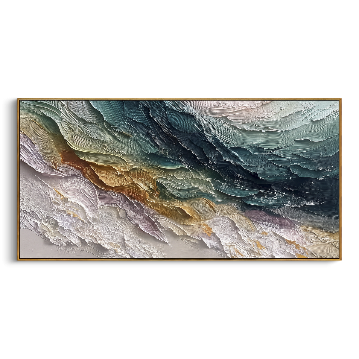 Stormy Teal Ridge Relief focuses on this hand-painted textured canvas features stormy teal and grey ridges with white cresting texture and warm ochre accents. The composition is described from the actual main image, so the visible subject, color balance, spacing, and surface movement stay specific to this product instead of reading like a batch title. Raised palette-knife layers, sculpted impasto ridges, softened brush transitions, and tactile handmade texture give the canvas dimensional depth