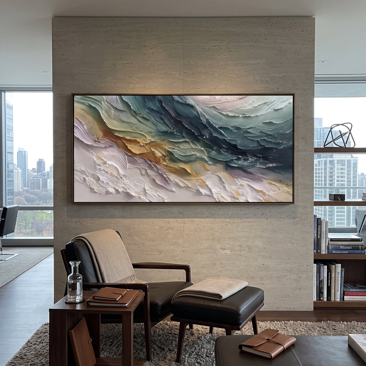 Stormy Teal Ridge Relief focuses on this hand-painted textured canvas features stormy teal and grey ridges with white cresting texture and warm ochre accents. The composition is described from the actual main image, so the visible subject, color balance, spacing, and surface movement stay specific to this product instead of reading like a batch title. Raised palette-knife layers, sculpted impasto ridges, softened brush transitions, and tactile handmade texture give the canvas dimensional depth