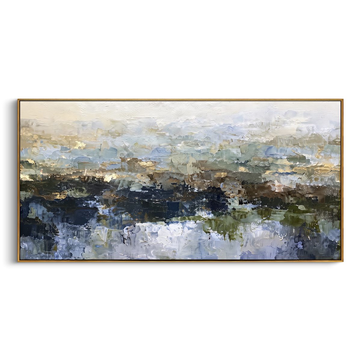 Abstract Marsh Horizon focuses on this hand-painted textured canvas features soft marsh horizon with blue grey water, dark green land, and pale broken sky. The composition is described from the actual main image, so the visible subject, color balance, spacing, and surface movement stay specific to this product instead of reading like a batch title. Raised palette-knife layers, sculpted impasto ridges, softened brush transitions, and tactile handmade texture give the canvas dimensional depth