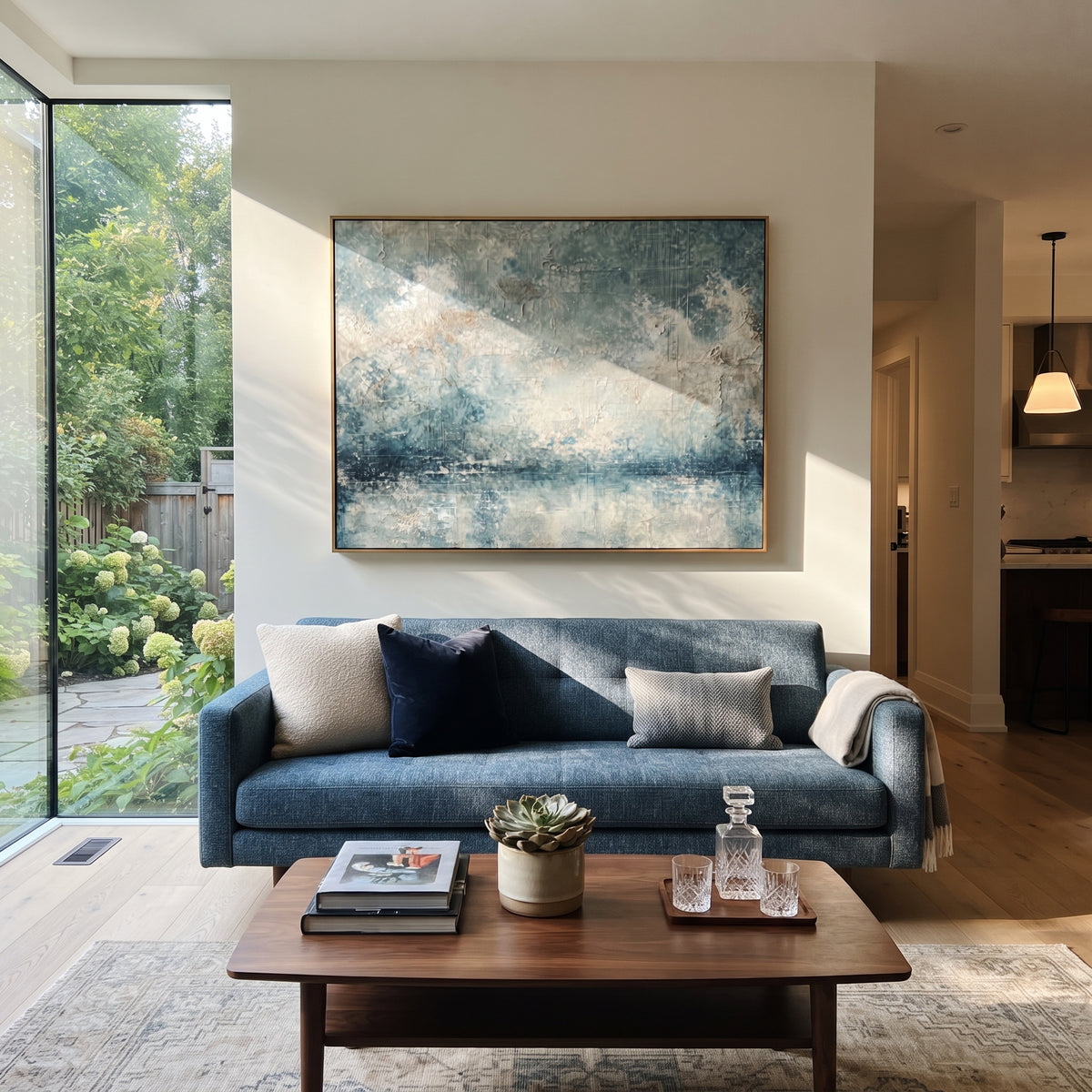 Blue Mist Ocean Horizon focuses on this hand-painted textured canvas features blue mist ocean horizon with white cloud texture and reflective watery surface. The composition is described from the actual main image, so the visible subject, color balance, spacing, and surface movement stay specific to this product instead of reading like a batch title. Raised palette-knife layers, sculpted impasto ridges, softened brush transitions, and tactile handmade texture give the canvas dimensional depth