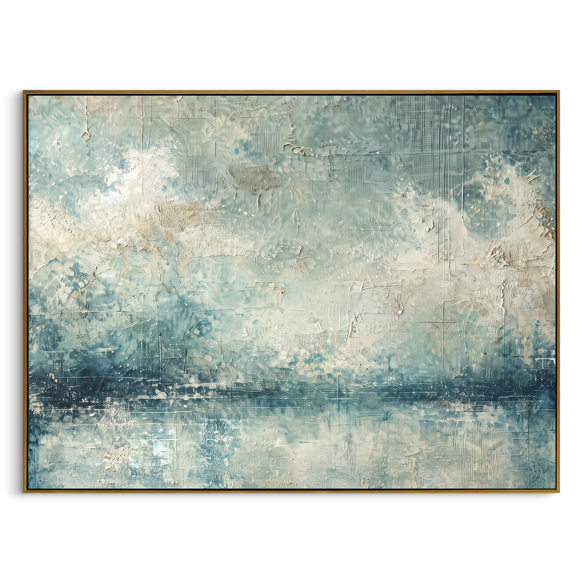 Blue Mist Ocean Horizon focuses on this hand-painted textured canvas features blue mist ocean horizon with white cloud texture and reflective watery surface. The composition is described from the actual main image, so the visible subject, color balance, spacing, and surface movement stay specific to this product instead of reading like a batch title. Raised palette-knife layers, sculpted impasto ridges, softened brush transitions, and tactile handmade texture give the canvas dimensional depth