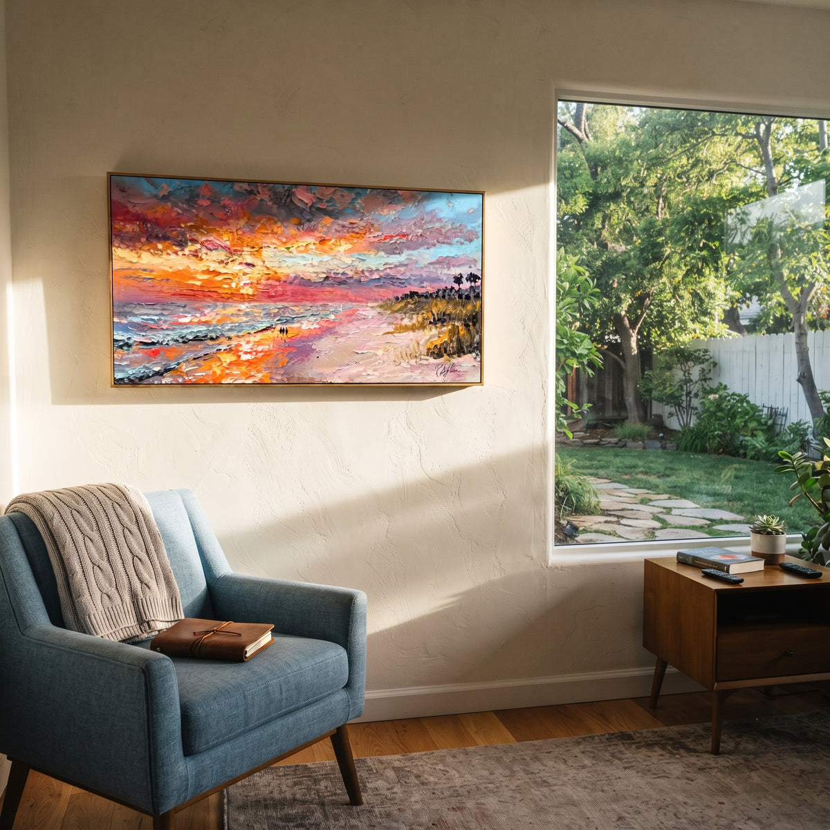 Pink Sunset Beach focuses on this hand-painted textured canvas features pink orange sunset beach with glowing surf, palm silhouettes, and violet sky. The composition is described from the actual main image, so the visible subject, color balance, spacing, and surface movement stay specific to this product instead of reading like a batch title. Raised palette-knife layers, sculpted impasto ridges, softened brush transitions, and tactile handmade texture give the canvas dimensional depth under