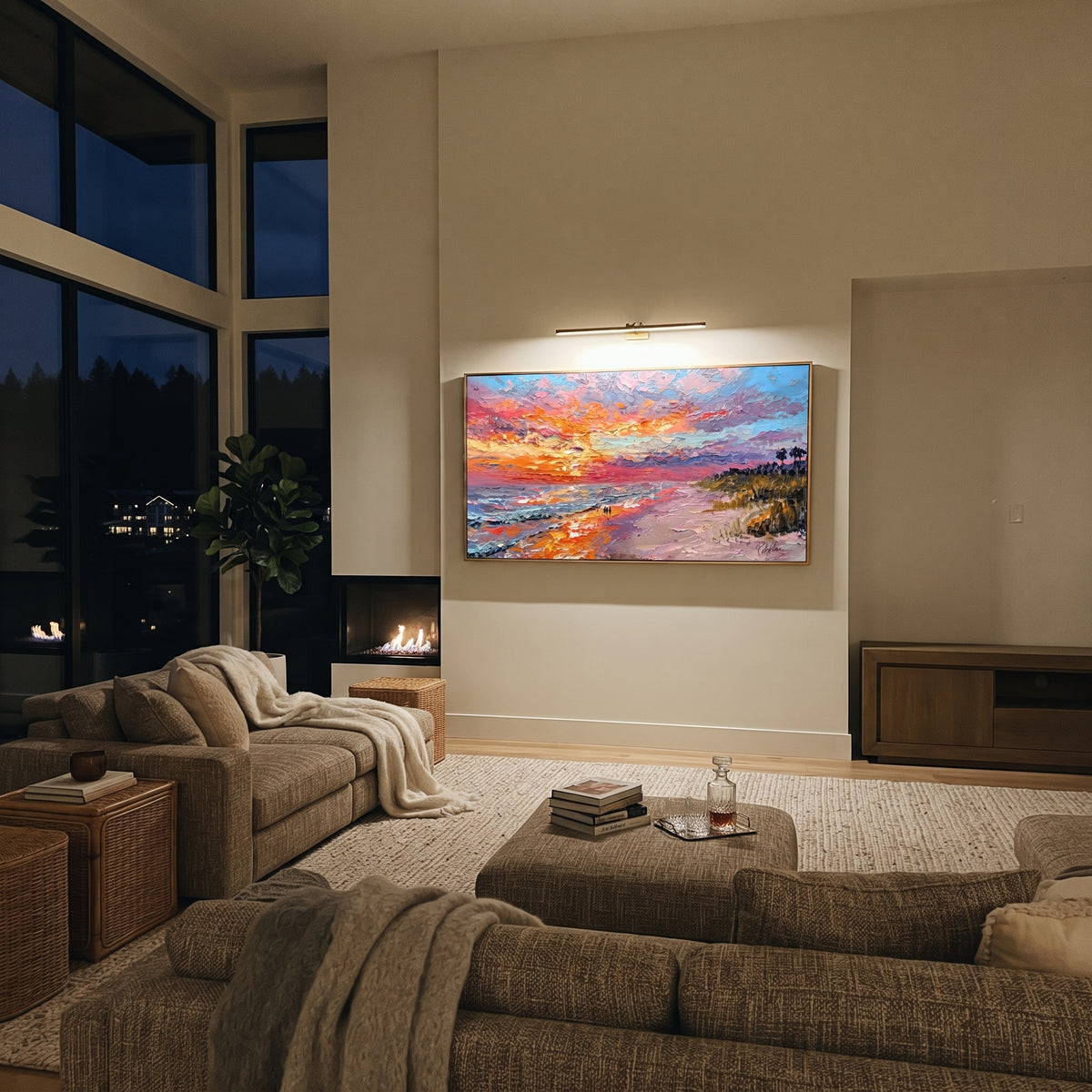 Pink Sunset Beach focuses on this hand-painted textured canvas features pink orange sunset beach with glowing surf, palm silhouettes, and violet sky. The composition is described from the actual main image, so the visible subject, color balance, spacing, and surface movement stay specific to this product instead of reading like a batch title. Raised palette-knife layers, sculpted impasto ridges, softened brush transitions, and tactile handmade texture give the canvas dimensional depth under