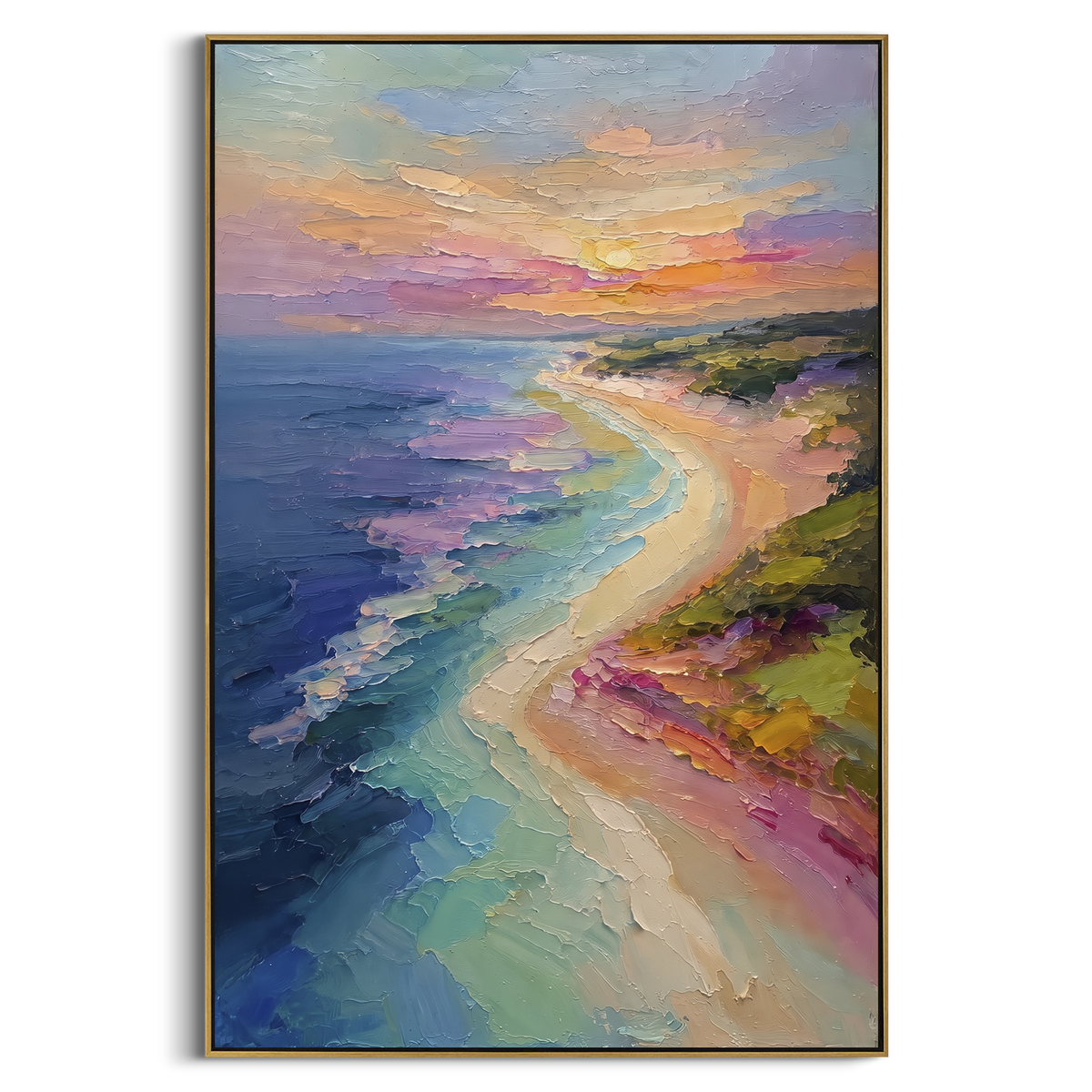 Pastel Beach Curve focuses on this hand-painted textured canvas features vertical pastel beach curve with turquoise water, pink shore, and soft sunset sky. The composition is described from the actual main image, so the visible subject, color balance, spacing, and surface movement stay specific to this product instead of reading like a batch title. Raised palette-knife layers, sculpted impasto ridges, softened brush transitions, and tactile handmade texture give the canvas dimensional depth