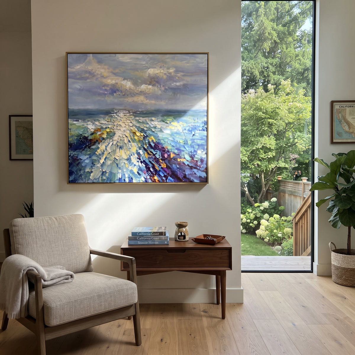 Bright Ocean Light Path focuses on this hand-painted textured canvas features bright ocean light path across blue water with cream highlights and textured sky. The composition is described from the actual main image, so the visible subject, color balance, spacing, and surface movement stay specific to this product instead of reading like a batch title. Raised palette-knife layers, sculpted impasto ridges, softened brush transitions, and tactile handmade texture give the canvas dimensional depth