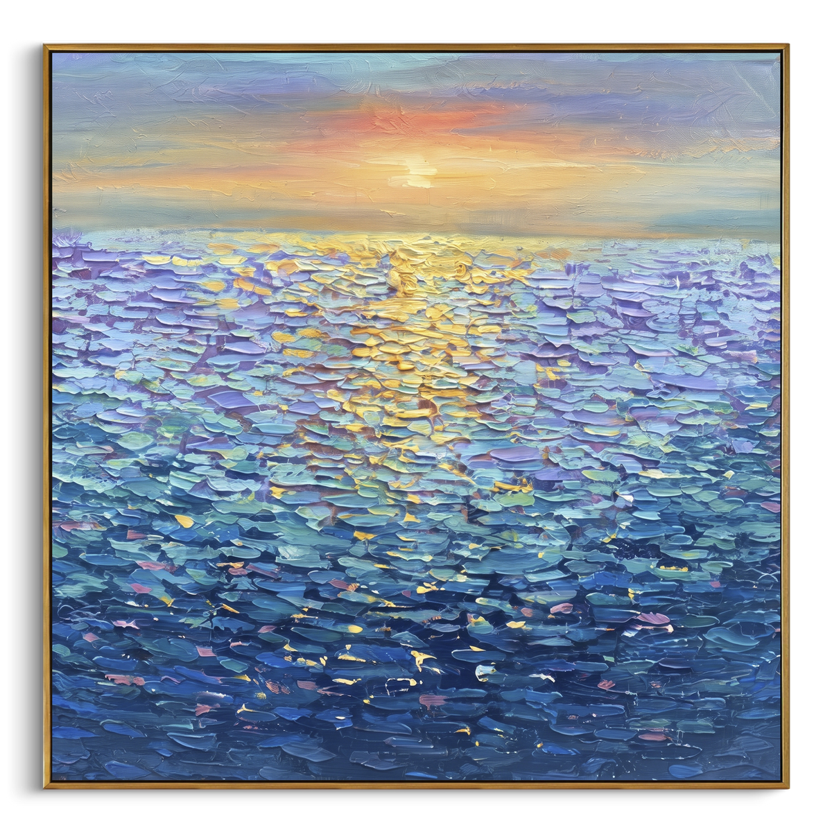 Sunlit Blue Ocean focuses on this hand-painted textured canvas features sunlit blue ocean surface with gold reflections, low horizon, and orange evening glow. The composition is described from the actual main image, so the visible subject, color balance, spacing, and surface movement stay specific to this product instead of reading like a batch title. Raised palette-knife layers, sculpted impasto ridges, softened brush transitions, and tactile handmade texture give the canvas dimensional depth