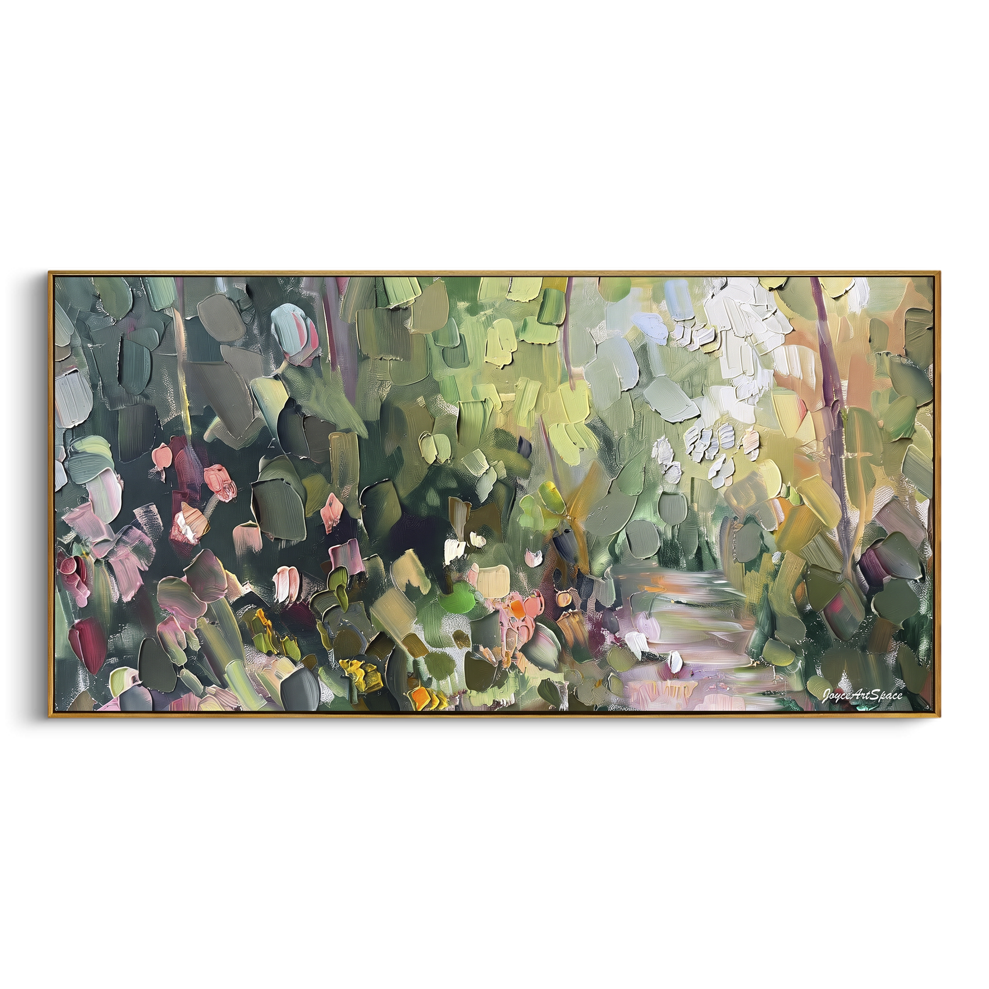 Forest Blossom Light focuses on this hand-painted textured canvas features forest blossom scene with green foliage, pink flowers, and shafts of pale light. The composition is described from the actual main image, so the visible subject, color balance, spacing, and surface movement stay specific to this product instead of reading like a batch title. Raised palette-knife layers, sculpted impasto ridges, softened brush transitions, and tactile handmade texture give the canvas dimensional depth