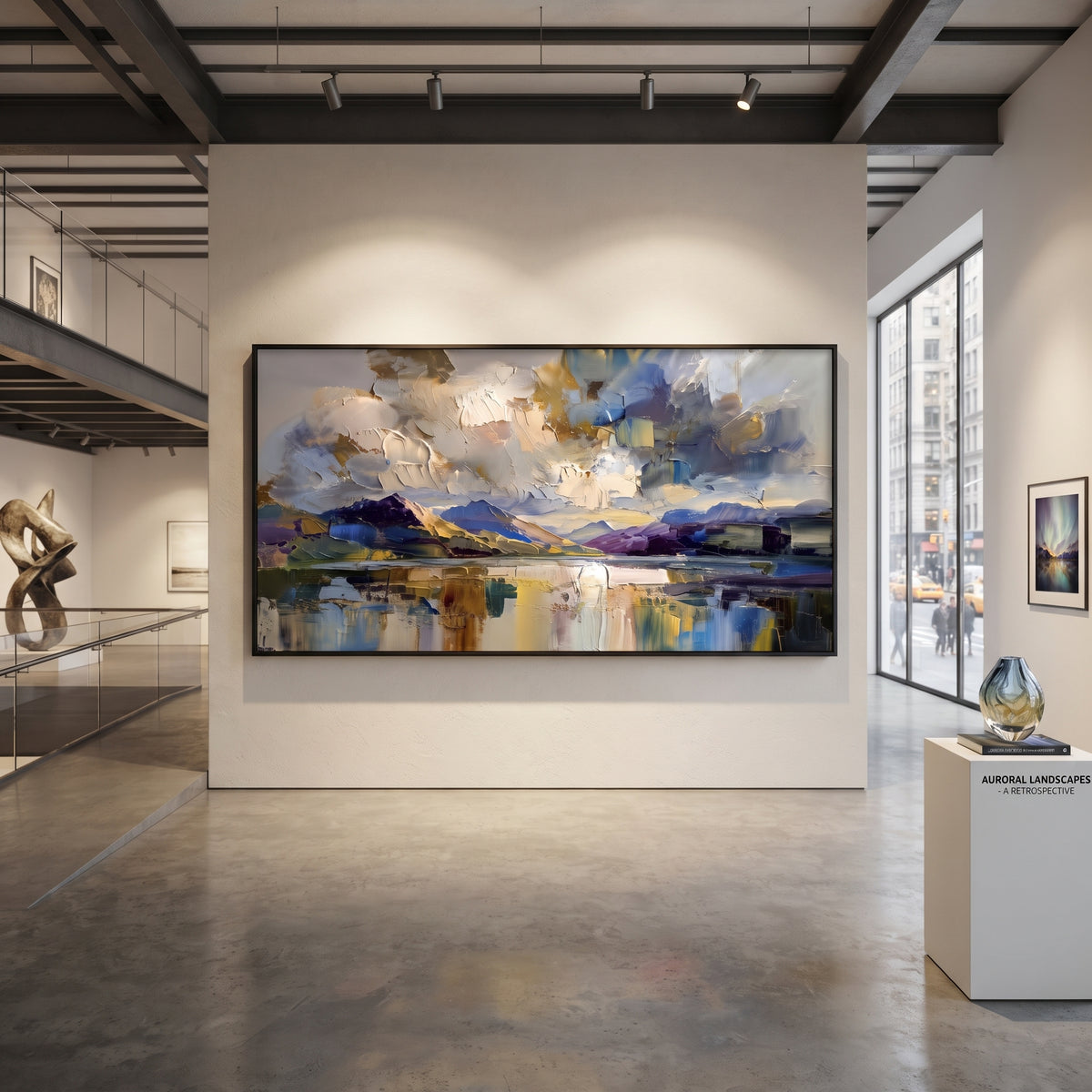Storm Lake Mountain Reflection focuses on this hand-painted textured canvas features stormy lake mountain reflection with purple clouds, gold light, and mirrored water. The composition is described from the actual main image, so the visible subject, color balance, spacing, and surface movement stay specific to this product instead of reading like a batch title. Raised palette-knife layers, sculpted impasto ridges, softened brush transitions, and tactile handmade texture give the canvas