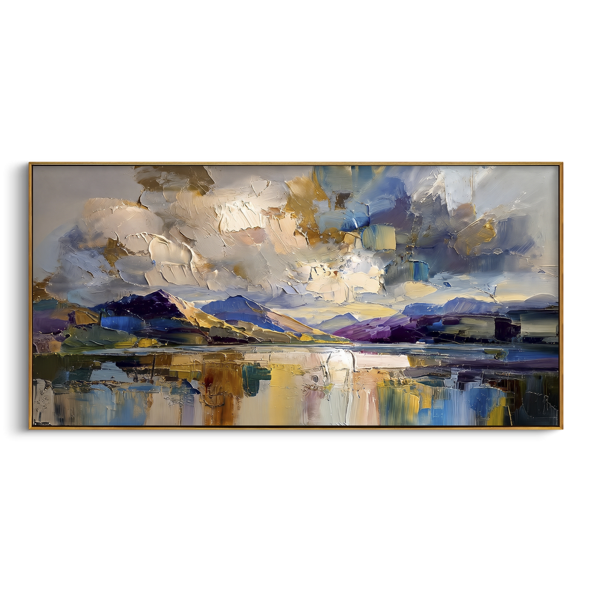Storm Lake Mountain Reflection focuses on this hand-painted textured canvas features stormy lake mountain reflection with purple clouds, gold light, and mirrored water. The composition is described from the actual main image, so the visible subject, color balance, spacing, and surface movement stay specific to this product instead of reading like a batch title. Raised palette-knife layers, sculpted impasto ridges, softened brush transitions, and tactile handmade texture give the canvas