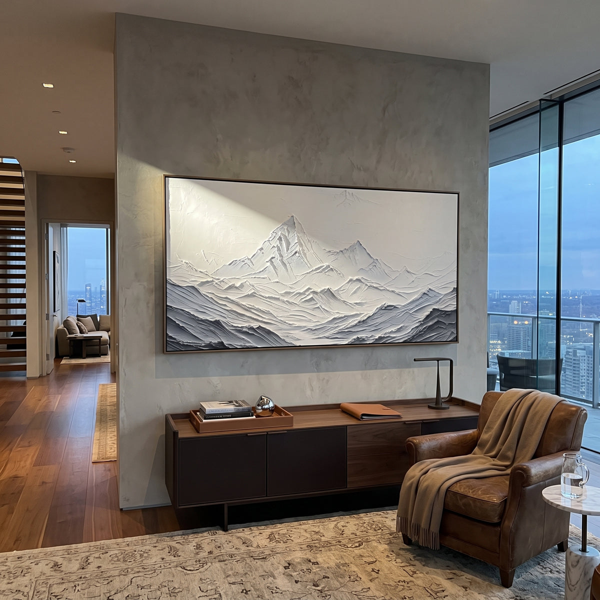 White Mountain Ridge Relief focuses on this hand-painted textured canvas features white panoramic mountain relief with layered snowy ridges and clean sculpted valleys. The composition is described from the actual main image, so the visible subject, color balance, spacing, and surface movement stay specific to this product instead of reading like a batch title. Raised palette-knife layers, sculpted impasto ridges, softened brush transitions, and tactile handmade texture give the canvas