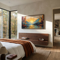 Golden Lake Mountain Sunset focuses on this hand-painted textured canvas features golden lake sunset between blue mountains, autumn trees, and glowing water reflection. The composition is described from the actual main image, so the visible subject, color balance, spacing, and surface movement stay specific to this product instead of reading like a batch title. Raised palette-knife layers, sculpted impasto ridges, softened brush transitions, and tactile handmade texture give the canvas