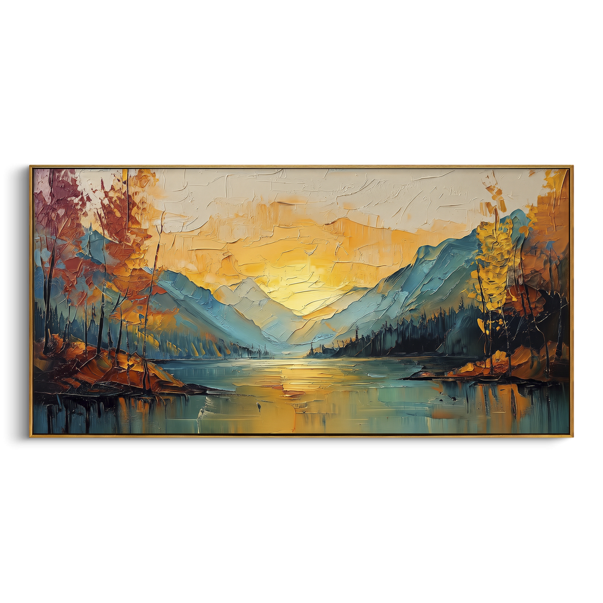 Golden Lake Mountain Sunset focuses on this hand-painted textured canvas features golden lake sunset between blue mountains, autumn trees, and glowing water reflection. The composition is described from the actual main image, so the visible subject, color balance, spacing, and surface movement stay specific to this product instead of reading like a batch title. Raised palette-knife layers, sculpted impasto ridges, softened brush transitions, and tactile handmade texture give the canvas