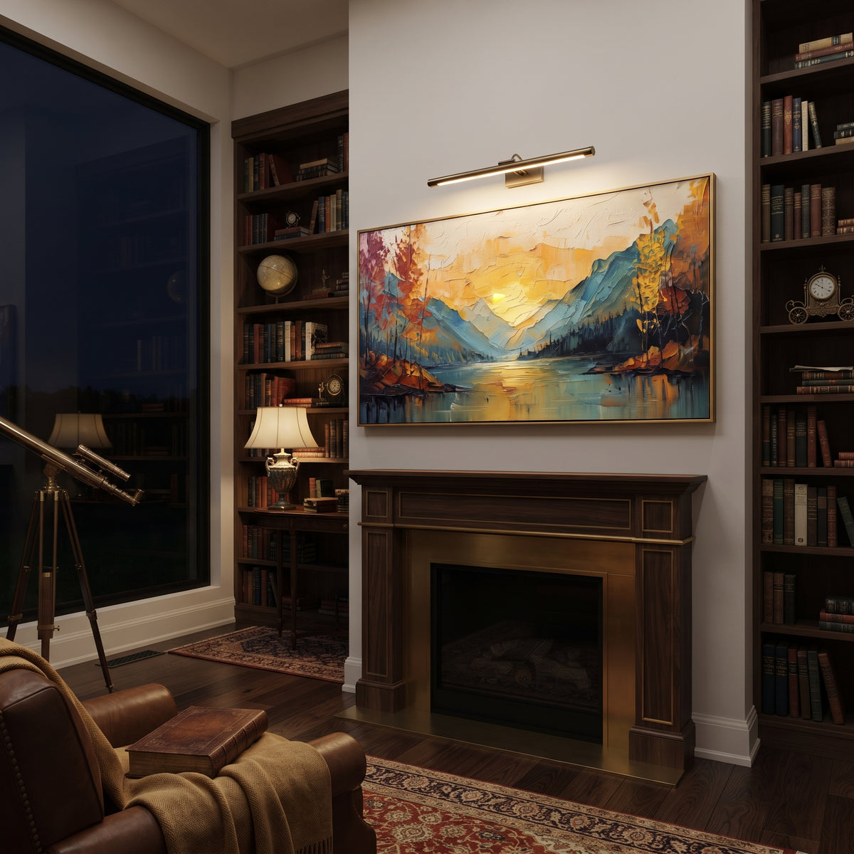 Golden Lake Mountain Sunset focuses on this hand-painted textured canvas features golden lake sunset between blue mountains, autumn trees, and glowing water reflection. The composition is described from the actual main image, so the visible subject, color balance, spacing, and surface movement stay specific to this product instead of reading like a batch title. Raised palette-knife layers, sculpted impasto ridges, softened brush transitions, and tactile handmade texture give the canvas
