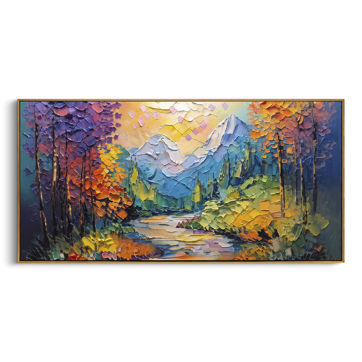 Autumn Forest Mountain Creek focuses on this hand-painted textured canvas features autumn forest creek with blue mountains, orange foliage, and bright textured path. The composition is described from the actual main image, so the visible subject, color balance, spacing, and surface movement stay specific to this product instead of reading like a batch title. Raised palette-knife layers, sculpted impasto ridges, softened brush transitions, and tactile handmade texture give the canvas dimensional