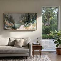 Misty Forest River Bend focuses on this hand-painted textured canvas features misty forest river bend with evergreen banks, pale path, and soft green water. The composition is described from the actual main image, so the visible subject, color balance, spacing, and surface movement stay specific to this product instead of reading like a batch title. Raised palette-knife layers, sculpted impasto ridges, softened brush transitions, and tactile handmade texture give the canvas dimensional depth