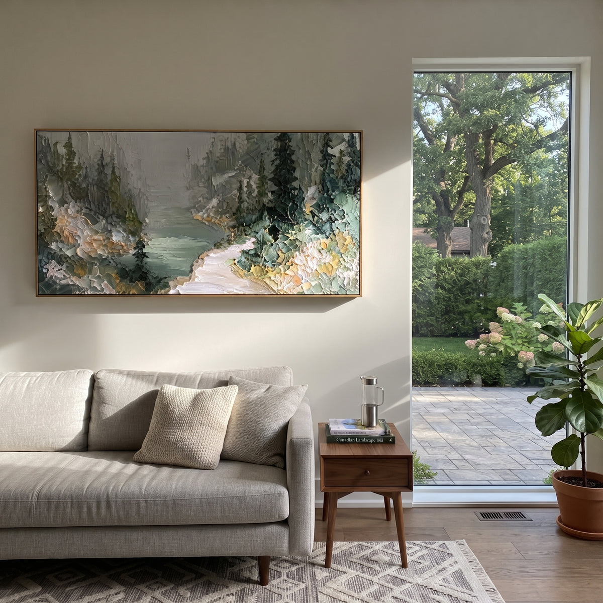 Misty Forest River Bend focuses on this hand-painted textured canvas features misty forest river bend with evergreen banks, pale path, and soft green water. The composition is described from the actual main image, so the visible subject, color balance, spacing, and surface movement stay specific to this product instead of reading like a batch title. Raised palette-knife layers, sculpted impasto ridges, softened brush transitions, and tactile handmade texture give the canvas dimensional depth