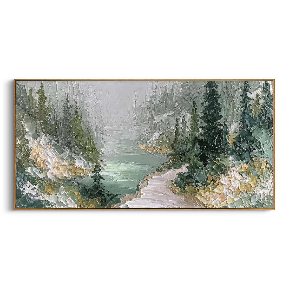Misty Forest River Bend focuses on this hand-painted textured canvas features misty forest river bend with evergreen banks, pale path, and soft green water. The composition is described from the actual main image, so the visible subject, color balance, spacing, and surface movement stay specific to this product instead of reading like a batch title. Raised palette-knife layers, sculpted impasto ridges, softened brush transitions, and tactile handmade texture give the canvas dimensional depth