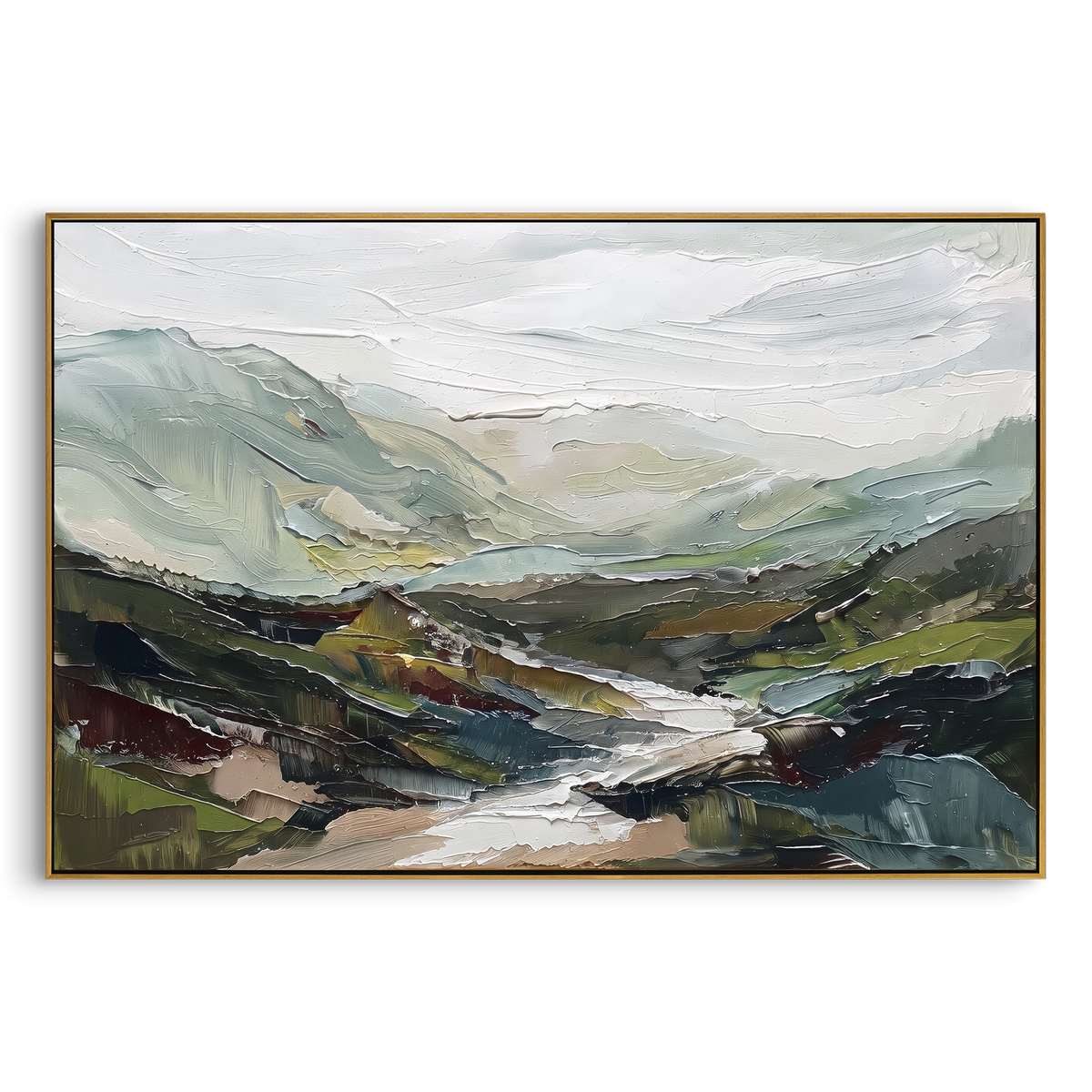 Green Valley River focuses on this hand-painted textured canvas features green valley river with pale hills, dark ridges, and expressive foreground earth tones. The composition is described from the actual main image, so the visible subject, color balance, spacing, and surface movement stay specific to this product instead of reading like a batch title. Raised palette-knife layers, sculpted impasto ridges, softened brush transitions, and tactile handmade texture give the canvas dimensional depth