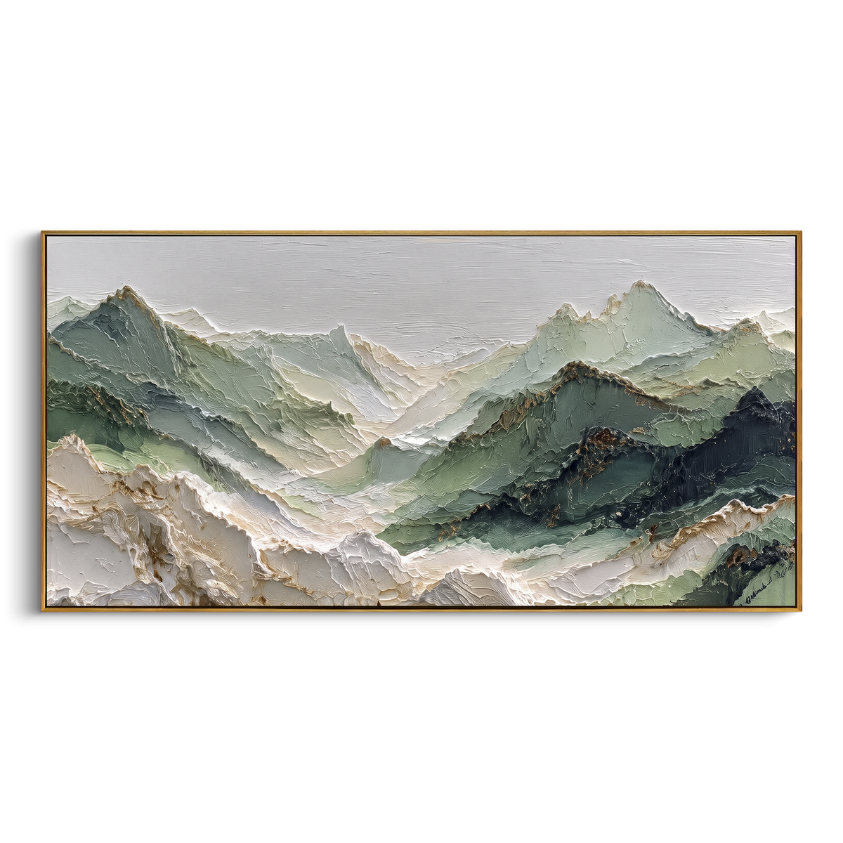 Blue Mountain Valley Relief focuses on this hand-painted textured canvas features blue green mountain valley panorama with layered ridges and pale river light. The composition is described from the actual main image, so the visible subject, color balance, spacing, and surface movement stay specific to this product instead of reading like a batch title. Raised palette-knife layers, sculpted impasto ridges, softened brush transitions, and tactile handmade texture give the canvas dimensional depth