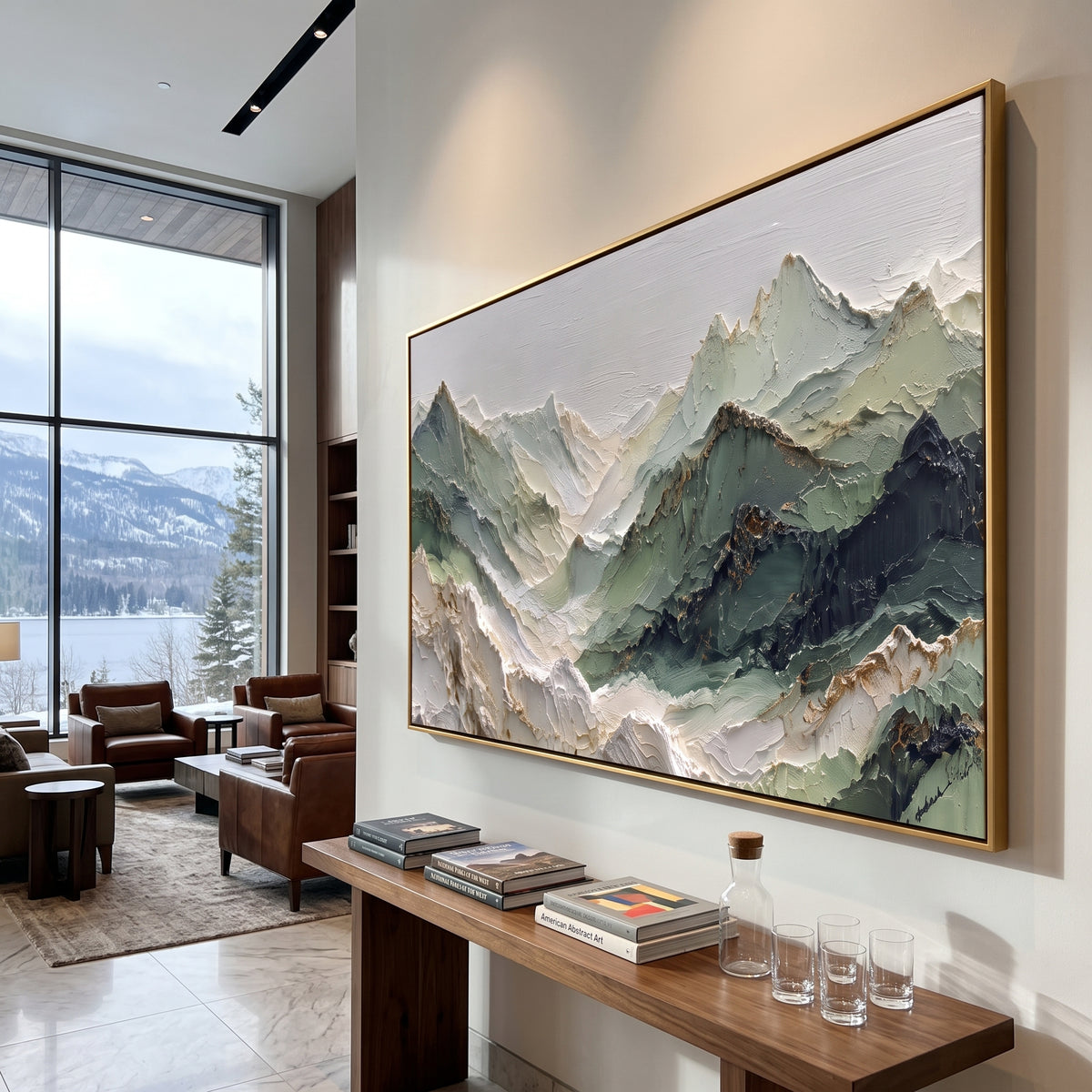 Blue Mountain Valley Relief focuses on this hand-painted textured canvas features blue green mountain valley panorama with layered ridges and pale river light. The composition is described from the actual main image, so the visible subject, color balance, spacing, and surface movement stay specific to this product instead of reading like a batch title. Raised palette-knife layers, sculpted impasto ridges, softened brush transitions, and tactile handmade texture give the canvas dimensional depth