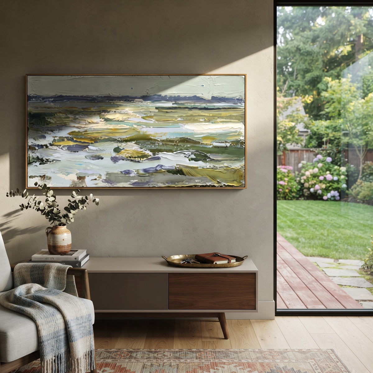 Flat Marshland Horizon focuses on this hand-painted textured canvas features flat marshland horizon with green water channels, pale sky, and horizontal wetland bands. The composition is described from the actual main image, so the visible subject, color balance, spacing, and surface movement stay specific to this product instead of reading like a batch title. Raised palette-knife layers, sculpted impasto ridges, softened brush transitions, and tactile handmade texture give the canvas dimensional