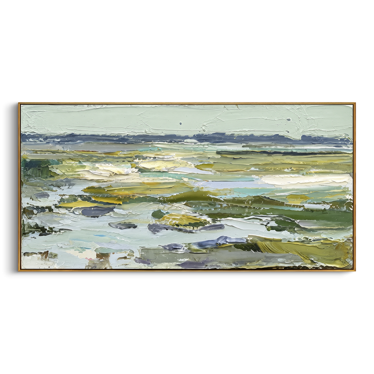 Flat Marshland Horizon focuses on this hand-painted textured canvas features flat marshland horizon with green water channels, pale sky, and horizontal wetland bands. The composition is described from the actual main image, so the visible subject, color balance, spacing, and surface movement stay specific to this product instead of reading like a batch title. Raised palette-knife layers, sculpted impasto ridges, softened brush transitions, and tactile handmade texture give the canvas dimensional