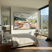 Colorful Highland Valley focuses on this hand-painted textured canvas features colorful highland valley with pink fields, blue hills, white clouds, and energetic strokes. The composition is described from the actual main image, so the visible subject, color balance, spacing, and surface movement stay specific to this product instead of reading like a batch title. Raised palette-knife layers, sculpted impasto ridges, softened brush transitions, and tactile handmade texture give the canvas
