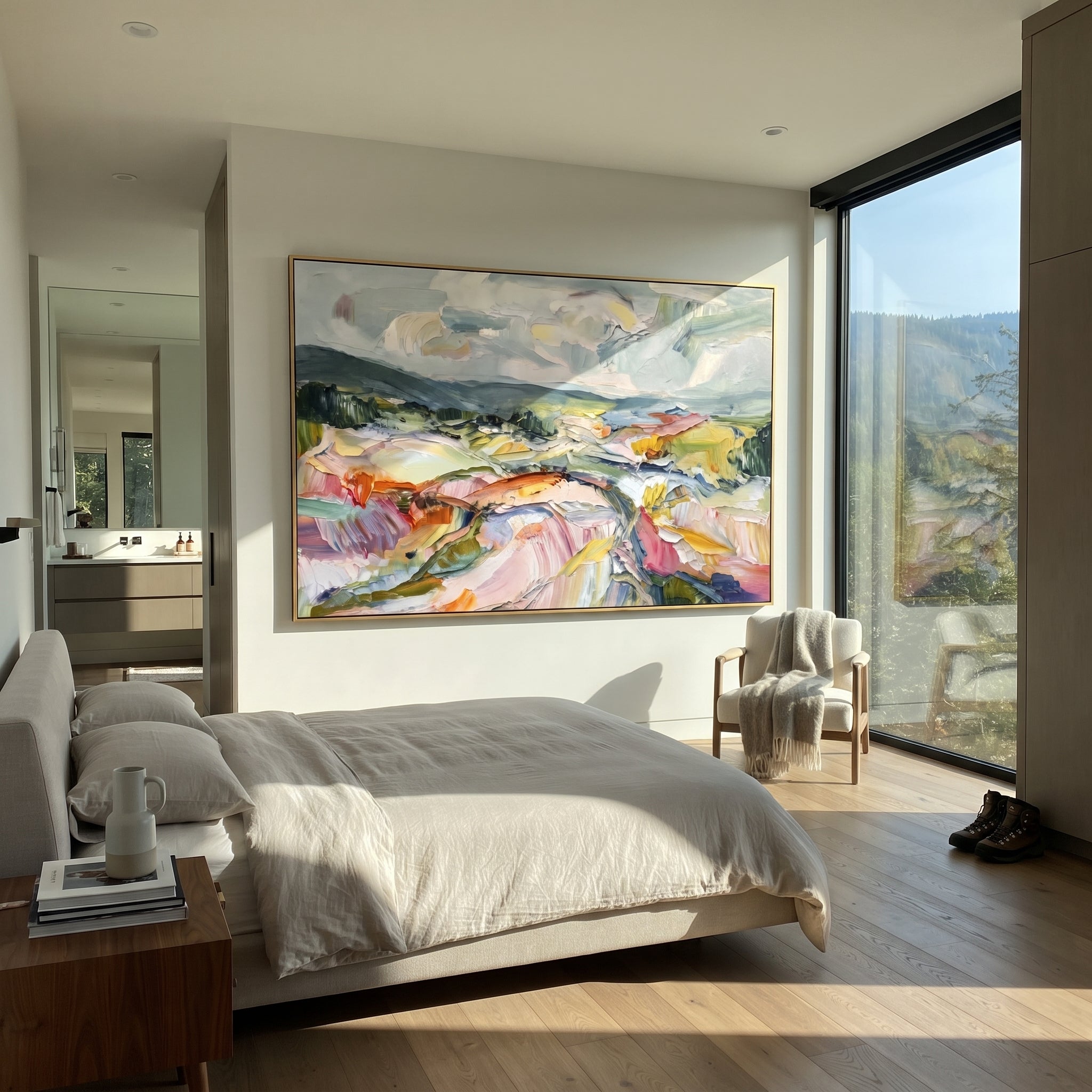 Colorful Highland Valley focuses on this hand-painted textured canvas features colorful highland valley with pink fields, blue hills, white clouds, and energetic strokes. The composition is described from the actual main image, so the visible subject, color balance, spacing, and surface movement stay specific to this product instead of reading like a batch title. Raised palette-knife layers, sculpted impasto ridges, softened brush transitions, and tactile handmade texture give the canvas