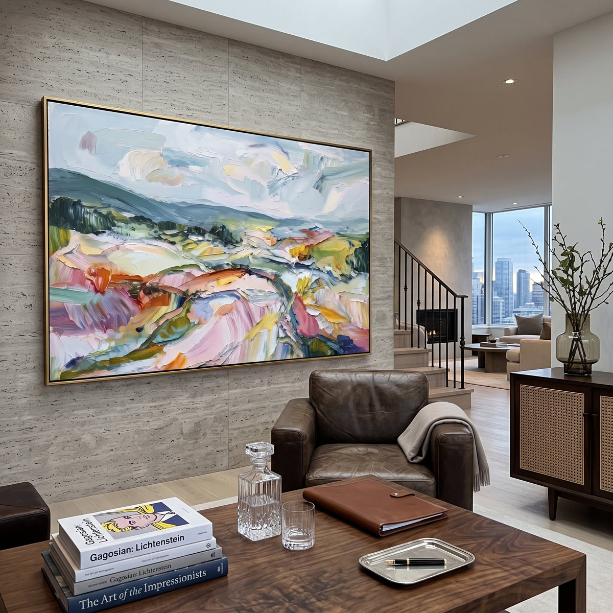 Colorful Highland Valley focuses on this hand-painted textured canvas features colorful highland valley with pink fields, blue hills, white clouds, and energetic strokes. The composition is described from the actual main image, so the visible subject, color balance, spacing, and surface movement stay specific to this product instead of reading like a batch title. Raised palette-knife layers, sculpted impasto ridges, softened brush transitions, and tactile handmade texture give the canvas