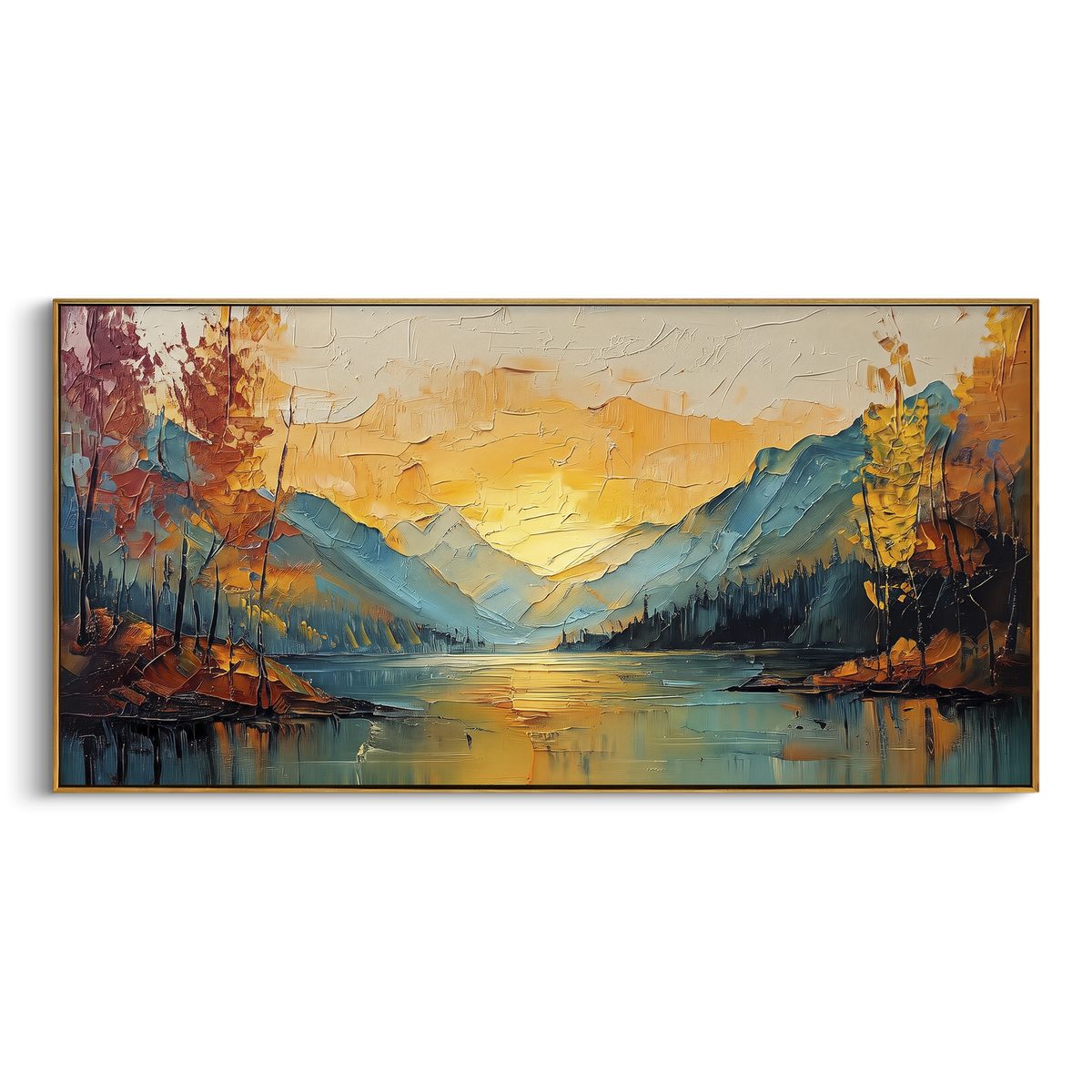 "Golden Lake Cabin Sunset" - Modern Heavy Impasto Landscape Artwork | Orange & Blue Palette Knife Painting | Luxury Horizontal Wall Art #PT 2072