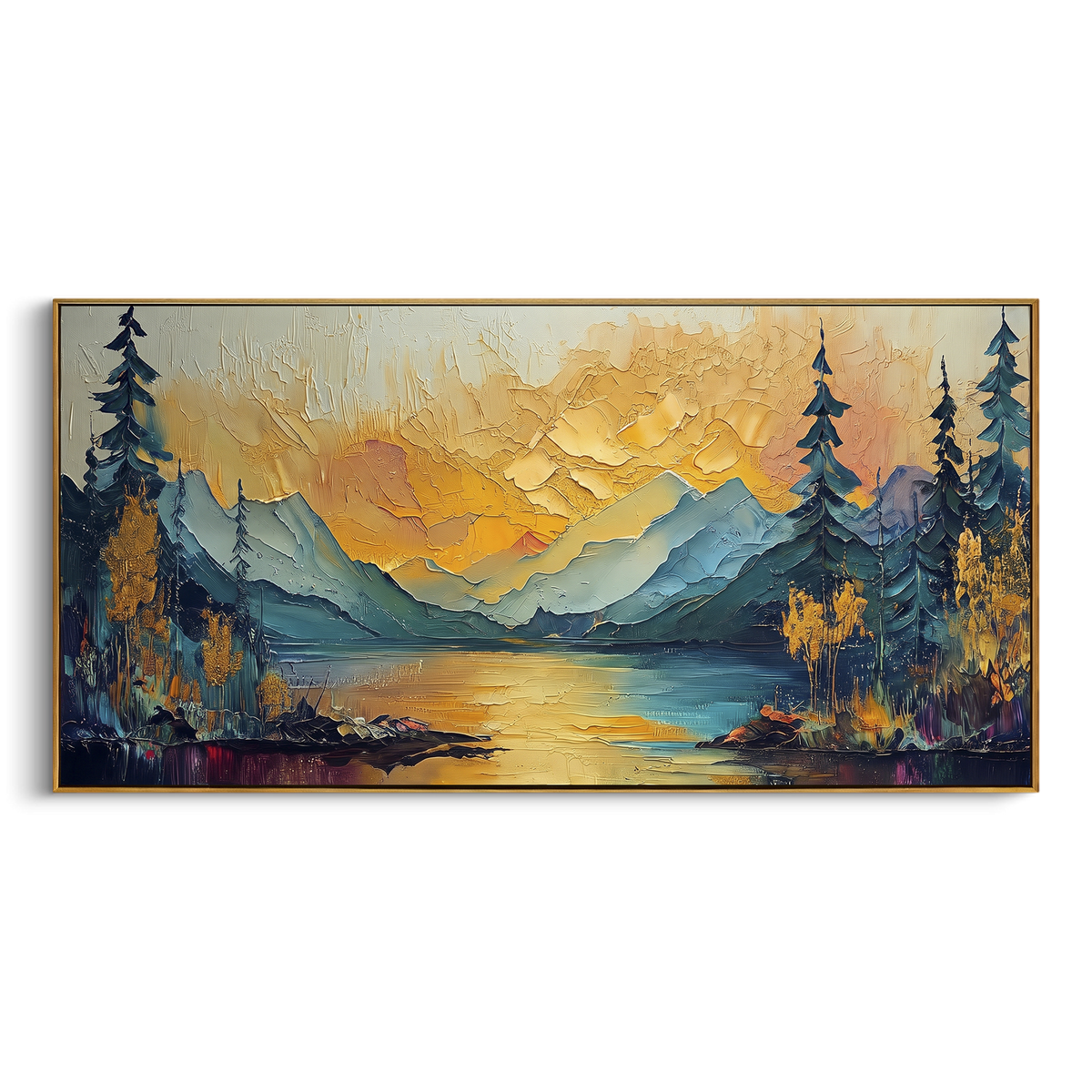 Golden Mountain Lake With Pines focuses on this hand-painted textured canvas features golden mountain lake with dark pines, blue ridges, and warm glowing sky. The composition is described from the actual main image, so the visible subject, color balance, spacing, and surface movement stay specific to this product instead of reading like a batch title. Raised palette-knife layers, sculpted impasto ridges, softened brush transitions, and tactile handmade texture give the canvas dimensional depth