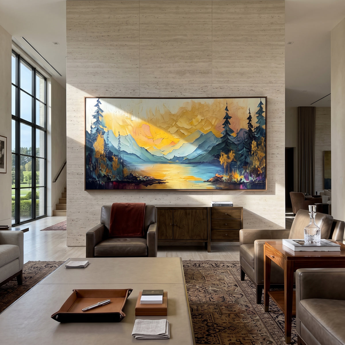 Golden Mountain Lake With Pines focuses on this hand-painted textured canvas features golden mountain lake with dark pines, blue ridges, and warm glowing sky. The composition is described from the actual main image, so the visible subject, color balance, spacing, and surface movement stay specific to this product instead of reading like a batch title. Raised palette-knife layers, sculpted impasto ridges, softened brush transitions, and tactile handmade texture give the canvas dimensional depth