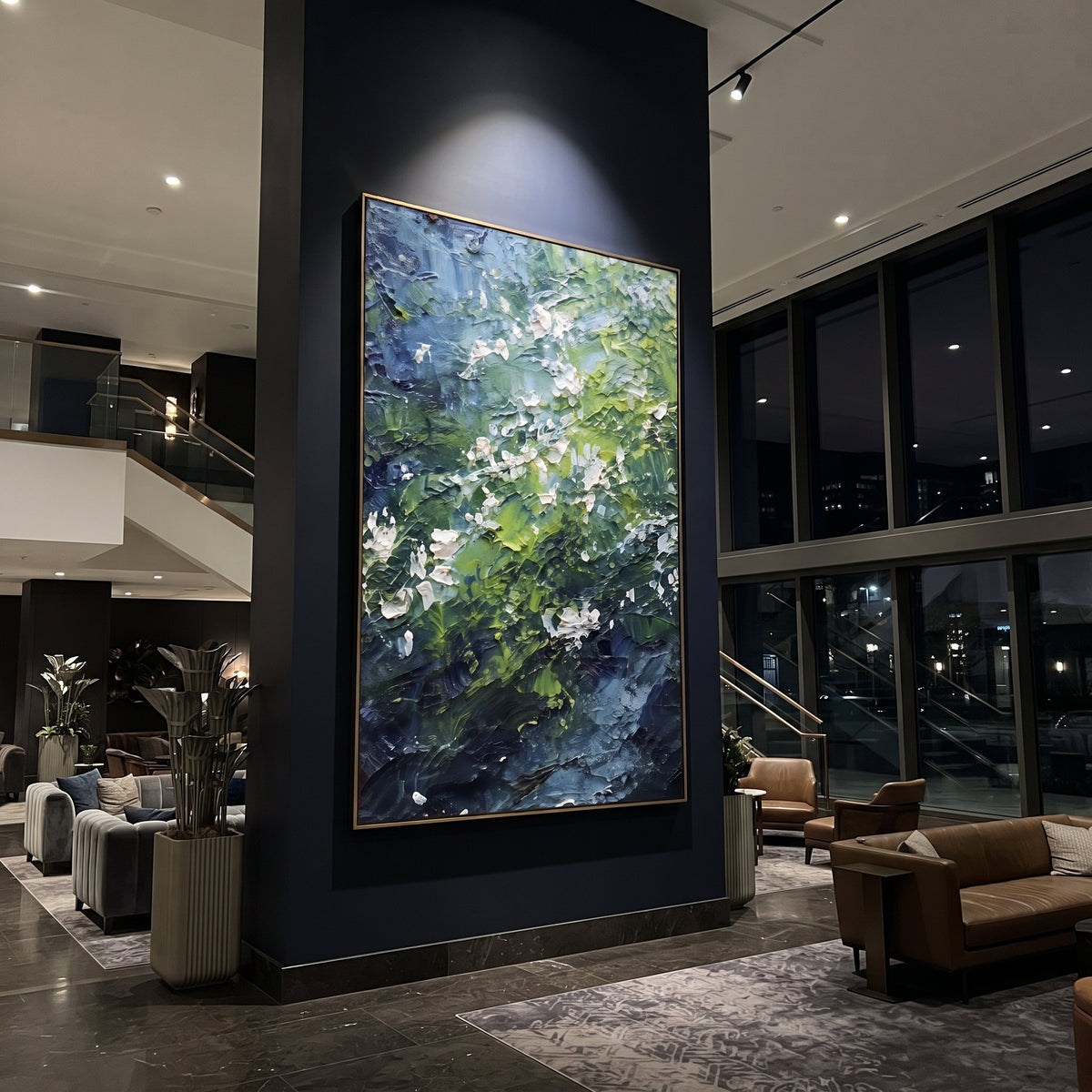 Green Floral Forest Study focuses on this hand-painted textured canvas features vertical green floral forest study with white blossoms, deep blue shadows, and layered leaves. The composition is described from the actual main image, so the visible subject, color balance, spacing, and surface movement stay specific to this product instead of reading like a batch title. Raised palette-knife layers, sculpted impasto ridges, softened brush transitions, and tactile handmade texture give the canvas