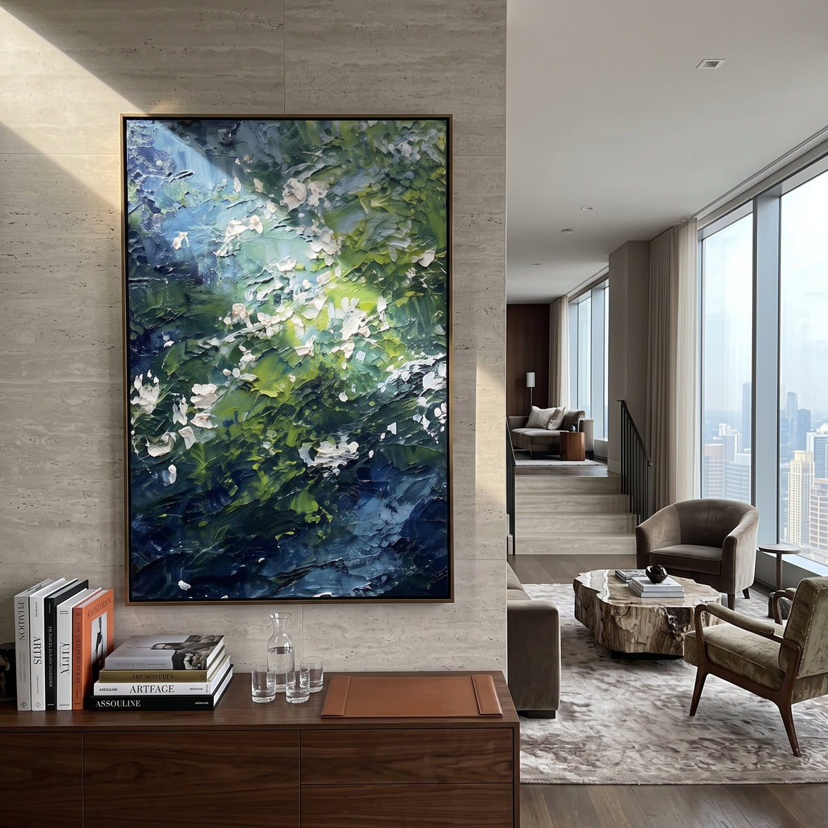 Green Floral Forest Study focuses on this hand-painted textured canvas features vertical green floral forest study with white blossoms, deep blue shadows, and layered leaves. The composition is described from the actual main image, so the visible subject, color balance, spacing, and surface movement stay specific to this product instead of reading like a batch title. Raised palette-knife layers, sculpted impasto ridges, softened brush transitions, and tactile handmade texture give the canvas