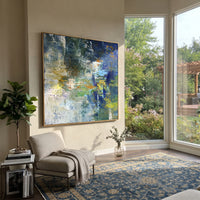 Blue Green Reflection Abstract focuses on this hand-painted textured canvas features blue green reflection abstract with vertical water streaks, dark navy blocks, and pale light. The composition is described from the actual main image, so the visible subject, color balance, spacing, and surface movement stay specific to this product instead of reading like a batch title. Raised palette-knife layers, sculpted impasto ridges, softened brush transitions, and tactile handmade texture give the canvas