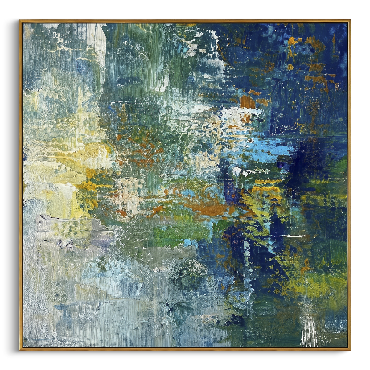 Blue Green Reflection Abstract focuses on this hand-painted textured canvas features blue green reflection abstract with vertical water streaks, dark navy blocks, and pale light. The composition is described from the actual main image, so the visible subject, color balance, spacing, and surface movement stay specific to this product instead of reading like a batch title. Raised palette-knife layers, sculpted impasto ridges, softened brush transitions, and tactile handmade texture give the canvas
