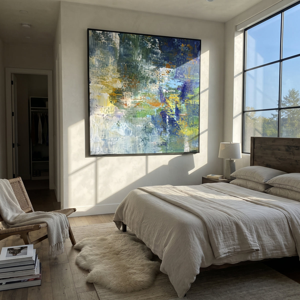 Blue Green Reflection Abstract focuses on this hand-painted textured canvas features blue green reflection abstract with vertical water streaks, dark navy blocks, and pale light. The composition is described from the actual main image, so the visible subject, color balance, spacing, and surface movement stay specific to this product instead of reading like a batch title. Raised palette-knife layers, sculpted impasto ridges, softened brush transitions, and tactile handmade texture give the canvas