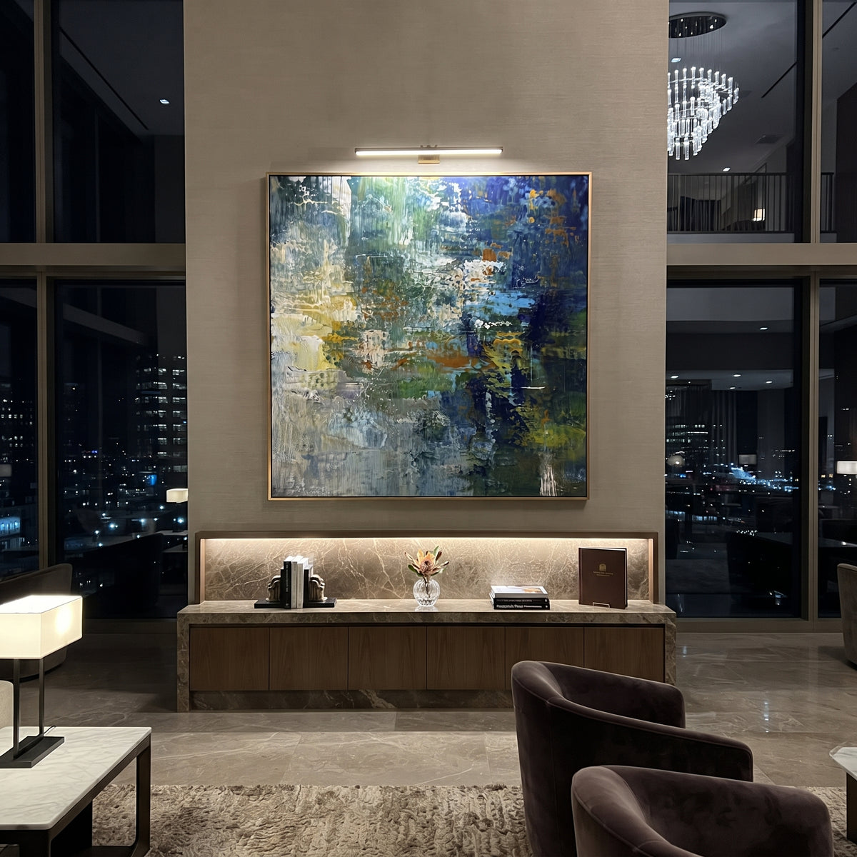 Blue Green Reflection Abstract focuses on this hand-painted textured canvas features blue green reflection abstract with vertical water streaks, dark navy blocks, and pale light. The composition is described from the actual main image, so the visible subject, color balance, spacing, and surface movement stay specific to this product instead of reading like a batch title. Raised palette-knife layers, sculpted impasto ridges, softened brush transitions, and tactile handmade texture give the canvas