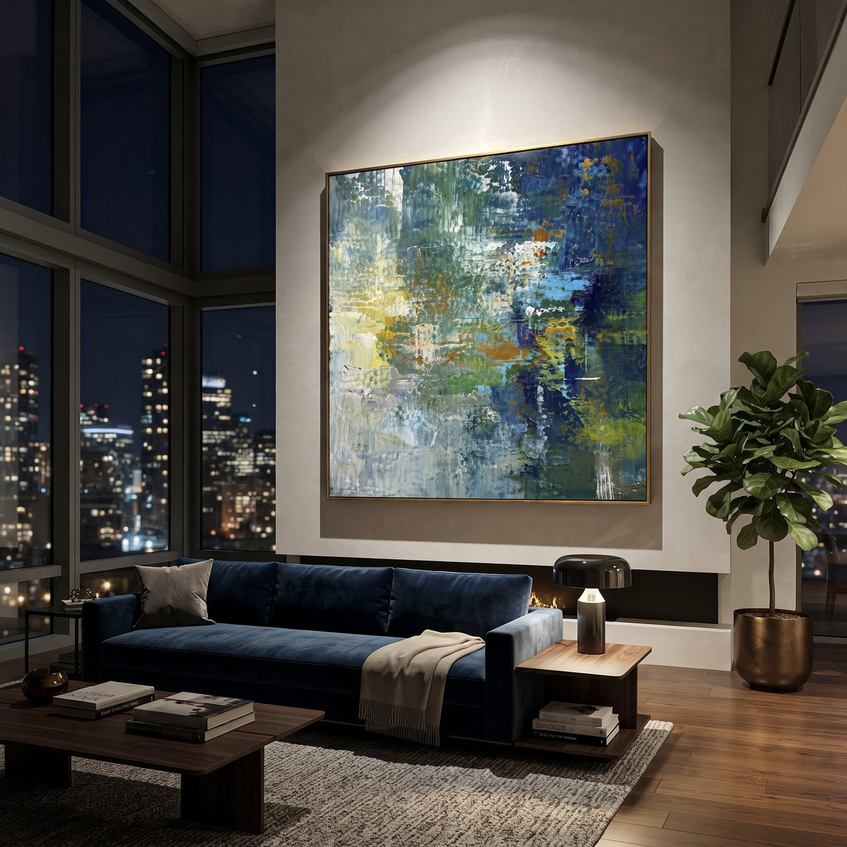 Blue Green Reflection Abstract focuses on this hand-painted textured canvas features blue green reflection abstract with vertical water streaks, dark navy blocks, and pale light. The composition is described from the actual main image, so the visible subject, color balance, spacing, and surface movement stay specific to this product instead of reading like a batch title. Raised palette-knife layers, sculpted impasto ridges, softened brush transitions, and tactile handmade texture give the canvas