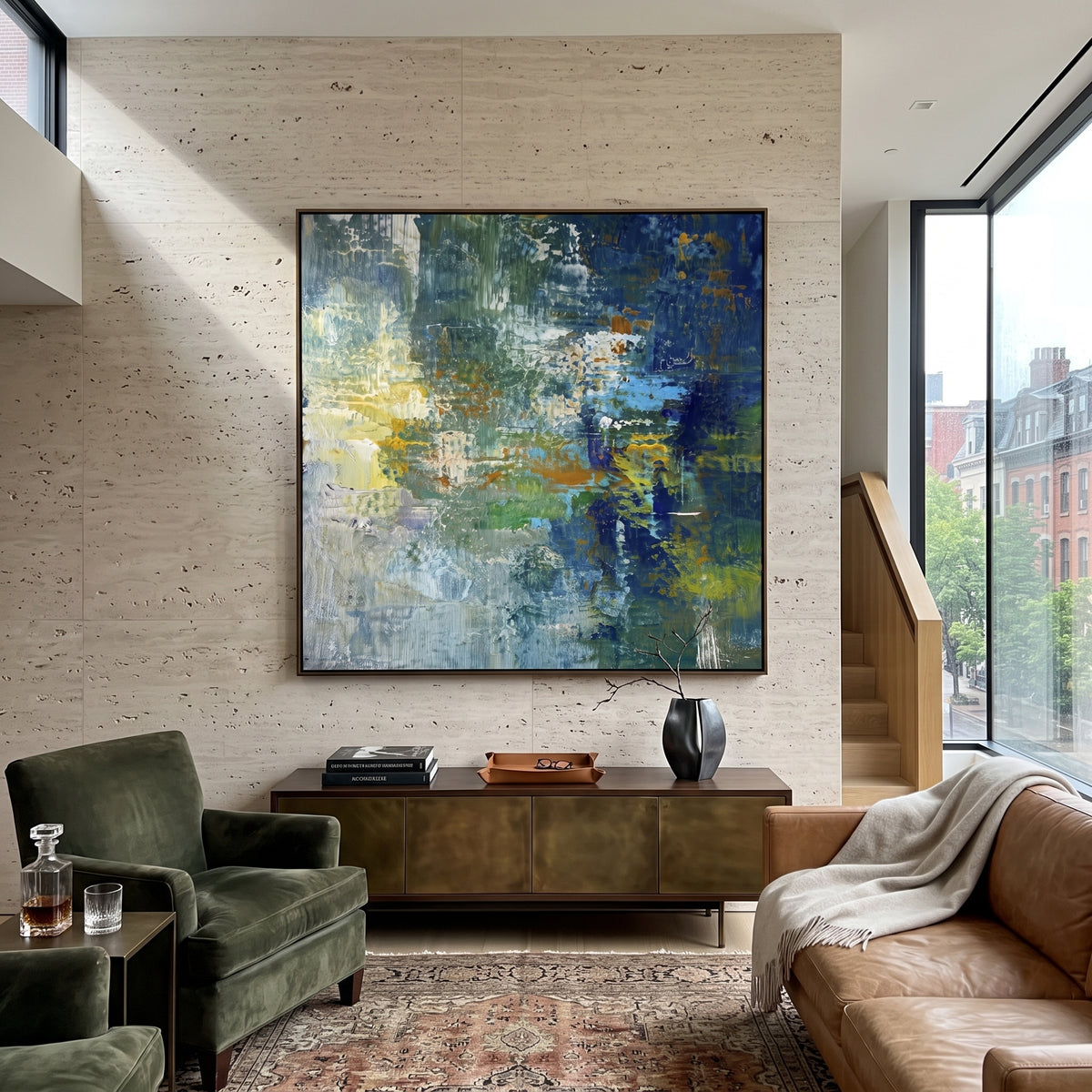 Blue Green Reflection Abstract focuses on this hand-painted textured canvas features blue green reflection abstract with vertical water streaks, dark navy blocks, and pale light. The composition is described from the actual main image, so the visible subject, color balance, spacing, and surface movement stay specific to this product instead of reading like a batch title. Raised palette-knife layers, sculpted impasto ridges, softened brush transitions, and tactile handmade texture give the canvas