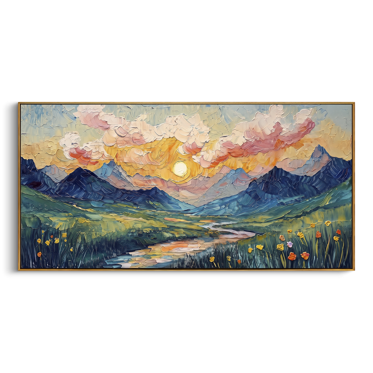 Sunset Mountain River Meadow focuses on this hand-painted textured canvas features sunset mountain river meadow with pink clouds, blue peaks, yellow flowers, and winding water. The composition is described from the actual main image, so the visible subject, color balance, spacing, and surface movement stay specific to this product instead of reading like a batch title. Raised palette-knife layers, sculpted impasto ridges, softened brush transitions, and tactile handmade texture give the canvas