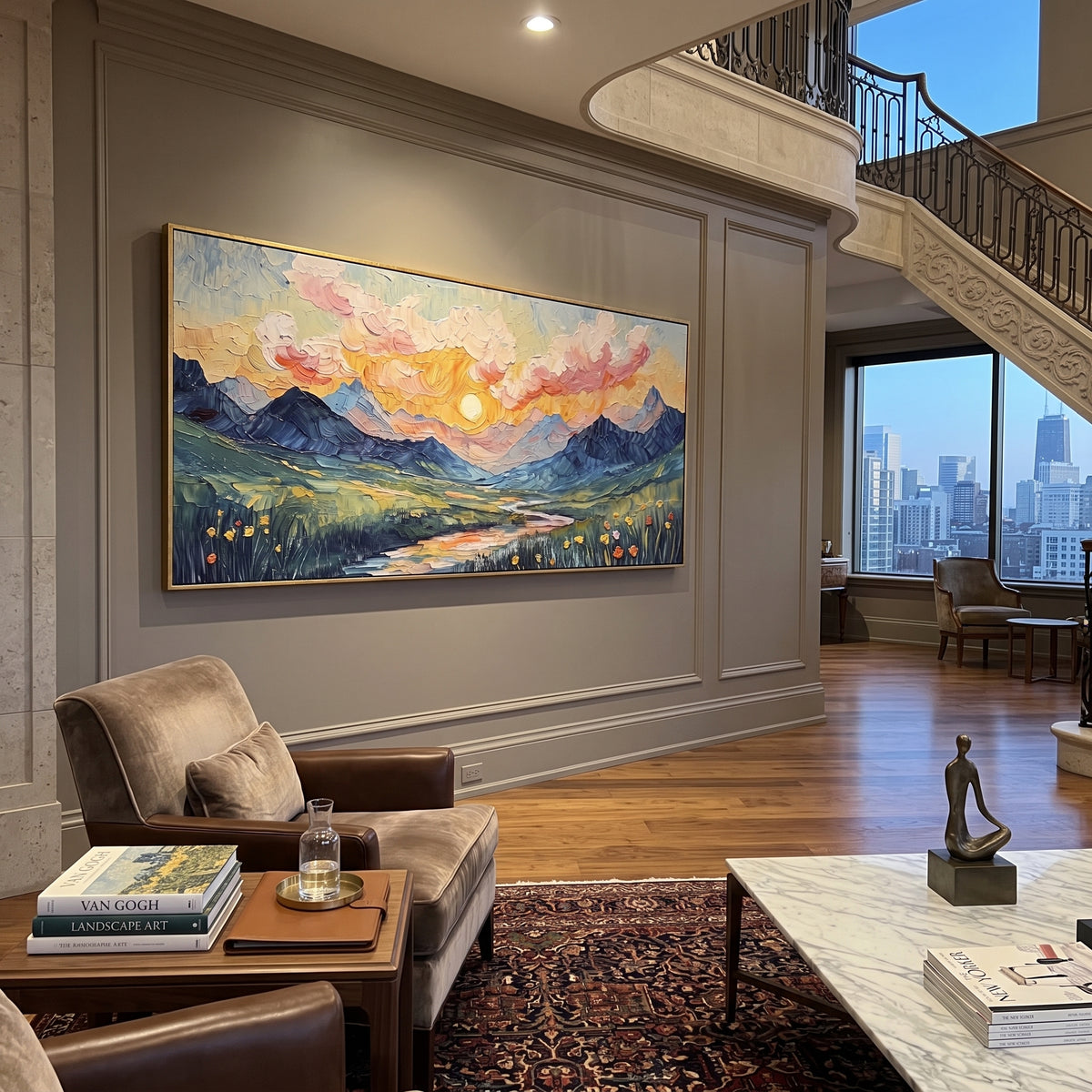 Sunset Mountain River Meadow focuses on this hand-painted textured canvas features sunset mountain river meadow with pink clouds, blue peaks, yellow flowers, and winding water. The composition is described from the actual main image, so the visible subject, color balance, spacing, and surface movement stay specific to this product instead of reading like a batch title. Raised palette-knife layers, sculpted impasto ridges, softened brush transitions, and tactile handmade texture give the canvas